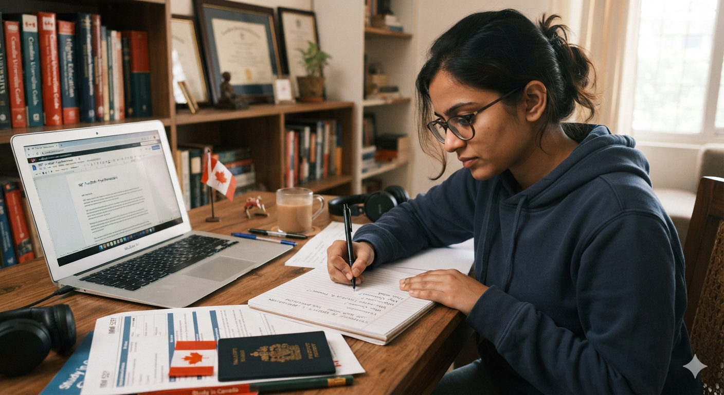 A student writing a Statement of Purpose by hand next to a laptop, notebook and Canadian passport