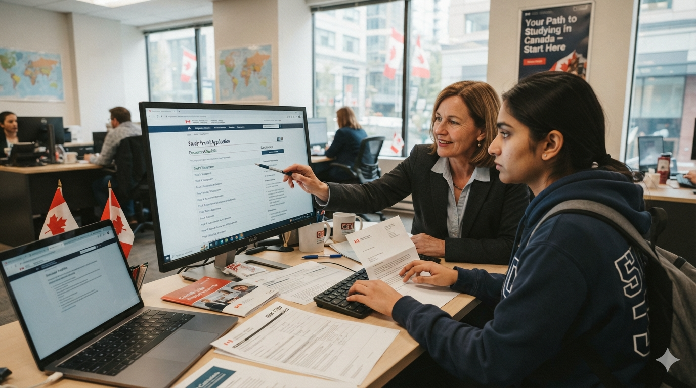 Advisor helping a student prepare their study permit application