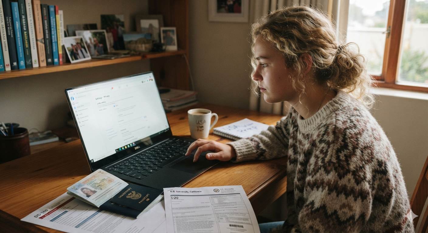 A student reviewing their social media privacy settings on a laptop beside their passport and I-20 form before a US visa interview