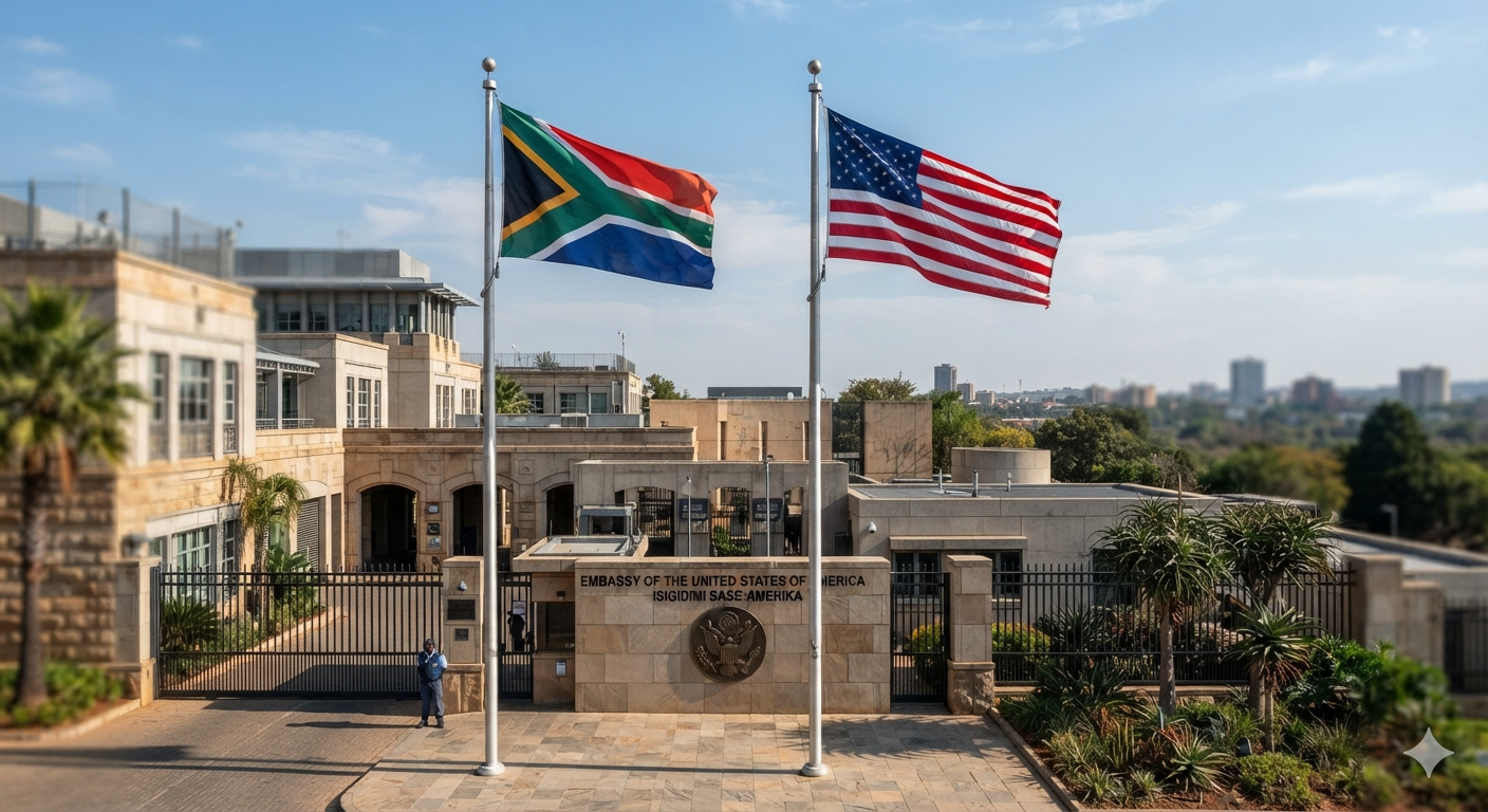 The South African and United States flags flying side by side outside the US Embassy in Pretoria